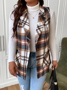 SHEIN LUNE Plus Plaid Dual Pocket Lapel Neck Sleeveless Overcoat - Multicolor - View 5