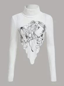 SHEIN ICON Áo thun nữ Bất đối xứng Gân đan Con số Giải trí - trắng - Xem 1