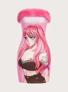 SHEIN ICON 人像圖案毛茸邊抹胸緊身洋裝 - 彩色 - 查看 2