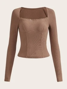 SHEIN ICON Áo thun Grunge Trang trí ren Cổ vuông - Màu be - Xem 1