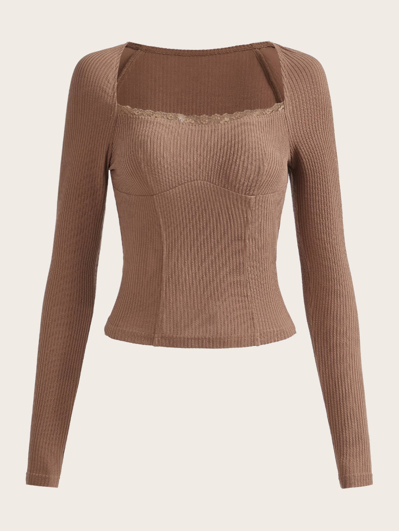 SHEIN ICON Áo thun Grunge Trang trí ren Cổ vuông - Màu be - Xem 1