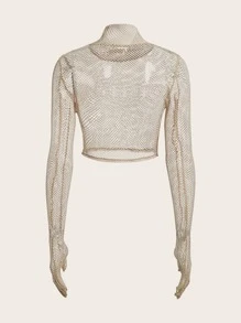 SHEIN ICON 頹廢搖滾小高領透視網紗短款上衣帶手套 - 杏色 - 查看 6