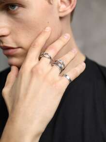 Anillo de acero inoxidable con detalle de letras para hombre de 4 piezas a la moda y popular para regalo de joyería y para una apariencia elegante - Plateado - Ver 1