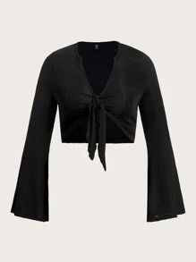 SHEIN EZwear 大碼前繫帶喇叭袖短款T恤 - 黑色 - 查看 1