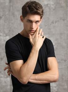 Anillo de acero inoxidable con detalle de letras para hombre de 4 piezas a la moda y popular para regalo de joyería y para una apariencia elegante - Plateado - Ver 3