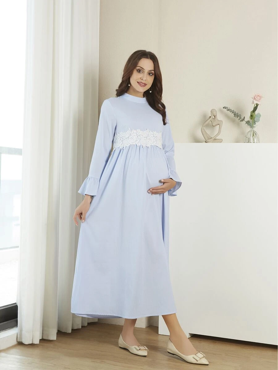 孕婦小高領荷葉袖蕾絲細節洋裝 - 淺藍色 - 查看 1