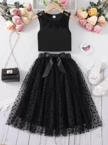 Bộ hai mảnh Gái Tương phản Mesh màu trơn Giải trí - màu đen - Xem 1