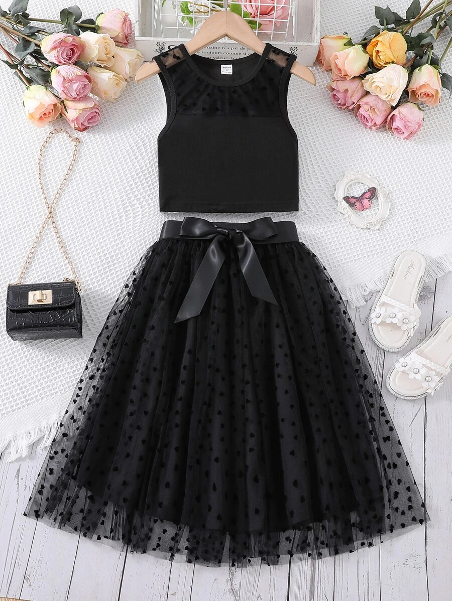 Bộ hai mảnh Gái Tương phản Mesh màu trơn Giải trí - màu đen - Xem 1