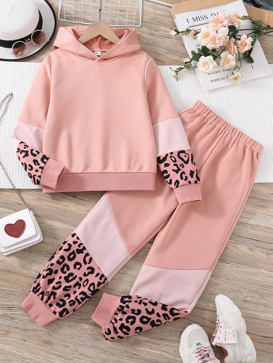 Girls Leopard Print Hoodie & Joggers - Pink - View 1
