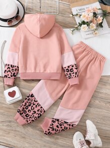 Girls Leopard Print Hoodie & Joggers - Pink - View 2