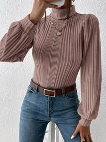 SHEIN Frenchy Turtleneck Lantern Sleeve Tee Winter - Dusty Pink - View 1