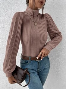 SHEIN Frenchy Turtleneck Lantern Sleeve Tee Winter - Dusty Pink - View 3