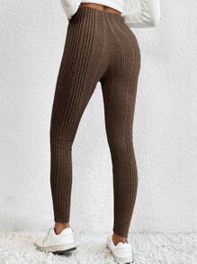 SHEIN EZwear Solid Ribbed Knit Leggings - Brown - View 2