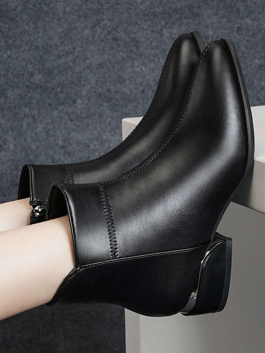 Zipper Side Point Toe Chunky Heeled Classic Boots - Black - View 1