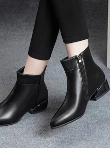 Zipper Side Point Toe Chunky Heeled Classic Boots - Black - View 5