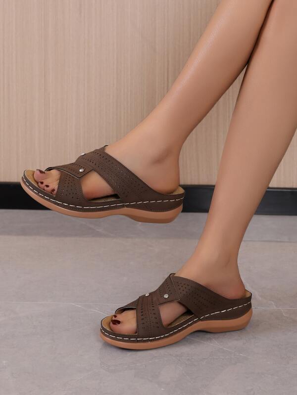Hollow Out Wedge Slide Sandals