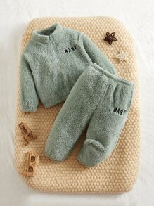 SHEIN Baby Letter Embroidery Half Zip Teddy Sweatshirt & Trousers - Mint Green - View 1