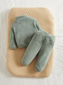 SHEIN Baby Letter Embroidery Half Zip Teddy Sweatshirt & Trousers - Mint Green - View 2