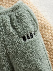 SHEIN Baby Letter Embroidery Half Zip Teddy Sweatshirt & Trousers - Mint Green - View 3