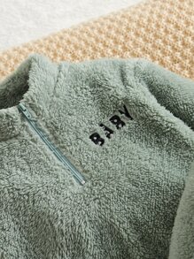 SHEIN Baby Letter Embroidery Half Zip Teddy Sweatshirt & Trousers - Mint Green - View 4