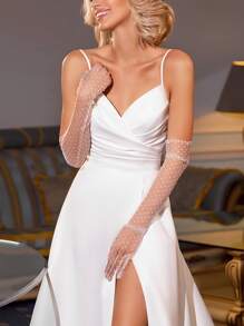 1 双女士优雅波尔卡圆点网眼蕾丝新娘婚礼派对礼服长手套圣诞秋季配饰 - 白色 - 查看 1