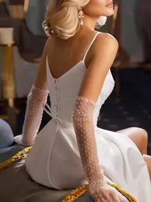 1 双女士优雅波尔卡圆点网眼蕾丝新娘婚礼派对礼服长手套圣诞秋季配饰 - 白色 - 查看 2