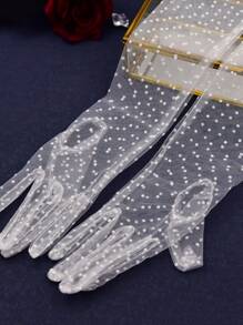 1 双女士优雅波尔卡圆点网眼蕾丝新娘婚礼派对礼服长手套圣诞秋季配饰 - 白色 - 查看 3