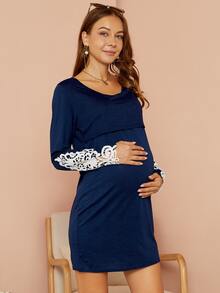 Váy Bà bầu Tương phản ren Khối Màu Giải trí - Màu xanh hải quân - Xem 3