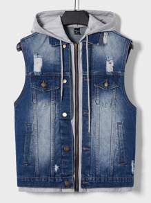 Manfinity Hombres Cazadora chaleco desgarro crudo con capucha mezclilla - Azul lavado medio - Ver 1