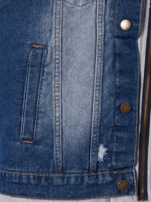 Manfinity Hombres Cazadora chaleco desgarro crudo con capucha mezclilla - Azul lavado medio - Ver 3