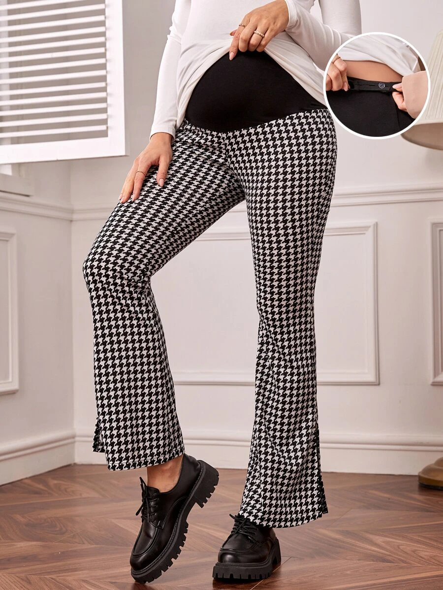 SHEIN Maternity Houndstooth Print Split Hem Adjustable Waist Flare Leg Trousers - Black and White - View 1