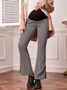 SHEIN Maternity Houndstooth Print Split Hem Adjustable Waist Flare Leg Trousers - Black and White - View 4