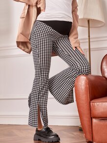 SHEIN Maternity Houndstooth Print Split Hem Adjustable Waist Flare Leg Trousers - Black and White - View 6