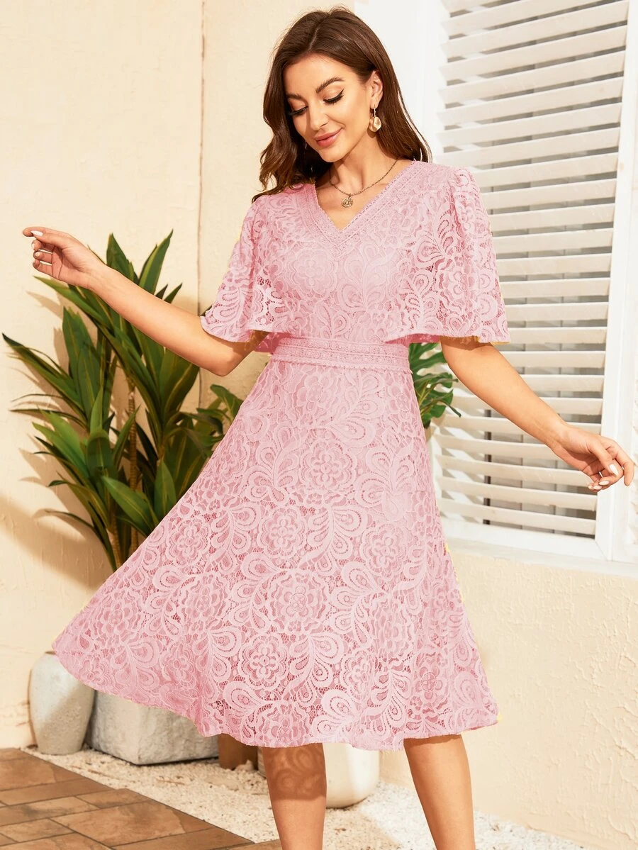 Butterfly Sleeve Lace A-line Formal Dress - Baby Pink - View 1
