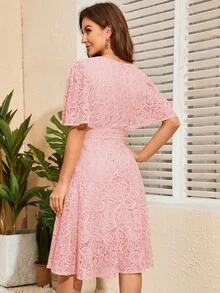 Butterfly Sleeve Lace A-line Formal Dress - Baby Pink - View 2