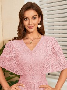 Butterfly Sleeve Lace A-line Formal Dress - Baby Pink - View 3