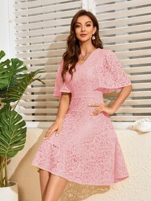 Butterfly Sleeve Lace A-line Formal Dress - Baby Pink - View 4