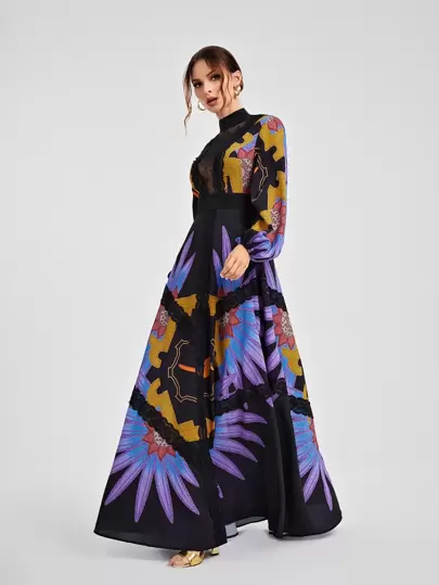 ISELACOS Designer Floral Print Mock Neck Belted Dress, Concert Outfit For Festival, Prom Dress, Brunch Outfits, Tea Party Dress