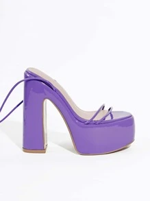 Tie Leg Design Platform Chunky Heeled Strappy Sandals - Purple - View 3