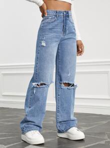SHEIN EZwear High Waist Ripped Wide Leg Jeans - Light Wash - View 1