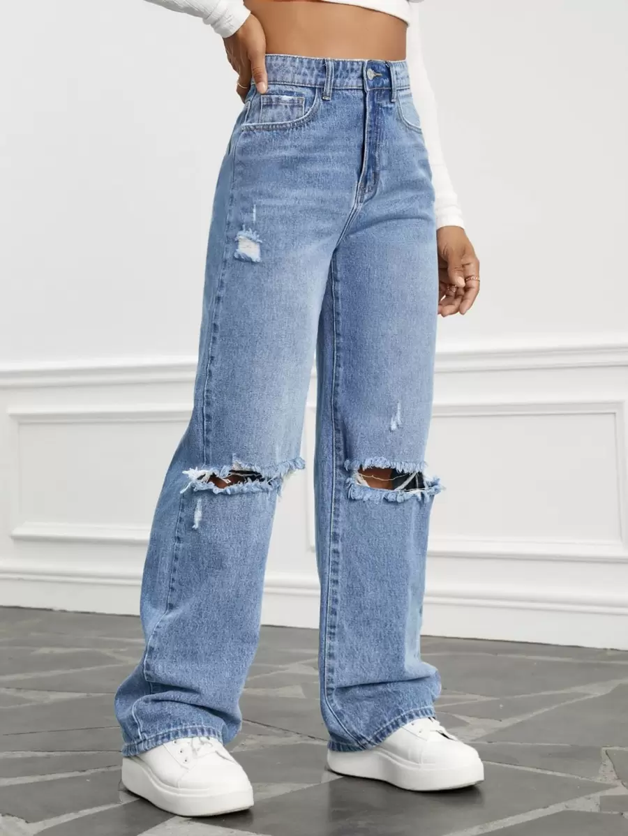 SHEIN EZwear High Waist Ripped Wide Leg Jeans - Light Wash - View 1