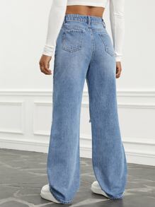 SHEIN EZwear High Waist Ripped Wide Leg Jeans - Light Wash - View 2