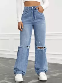 SHEIN EZwear High Waist Ripped Wide Leg Jeans - Light Wash - View 5