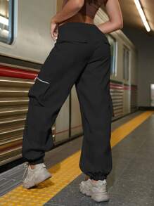 Quần nữ Nút Túi Dây kéo màu trơn Giải trí - màu đen - Xem 2