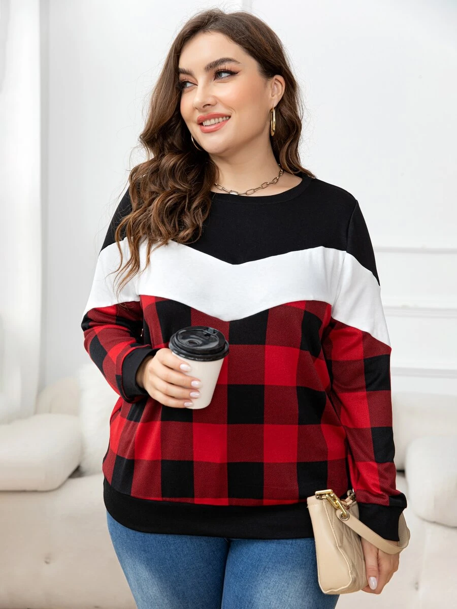 DEARCASE Plus Buffalo Plaid Print Drop Shoulder Sweatshirt - Multicolor - View 1