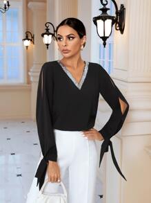 SHEIN Clasi Contrast Sequin Tape Knot Split Sleeve Blouse - Black - View 5