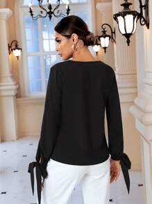 SHEIN Clasi Contrast Sequin Tape Knot Split Sleeve Blouse - Black - View 2