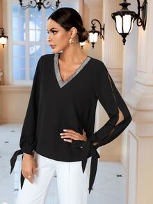 SHEIN Clasi Contrast Sequin Tape Knot Split Sleeve Blouse - Black - View 7
