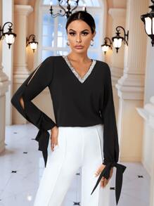 SHEIN Clasi Contrast Sequin Tape Knot Split Sleeve Blouse - Black - View 3