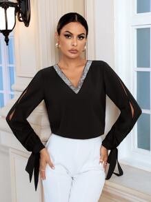 SHEIN Clasi Contrast Sequin Tape Knot Split Sleeve Blouse - Black - View 1